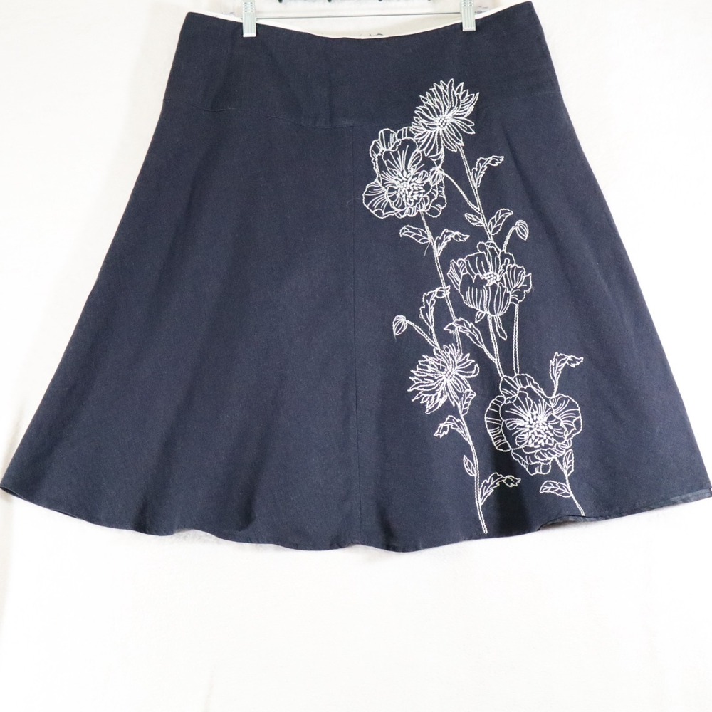 Carole Little Womens 14 Navy Linen Blend A-Line Skirt Embroidered Floral Lined